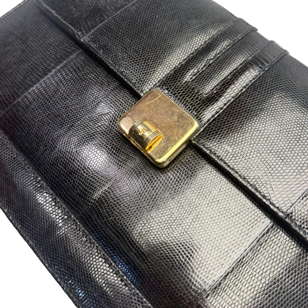 Vintage Black‎ Lizard Embossed Leather Top Handle Strap Purse Bag Gold Hardware